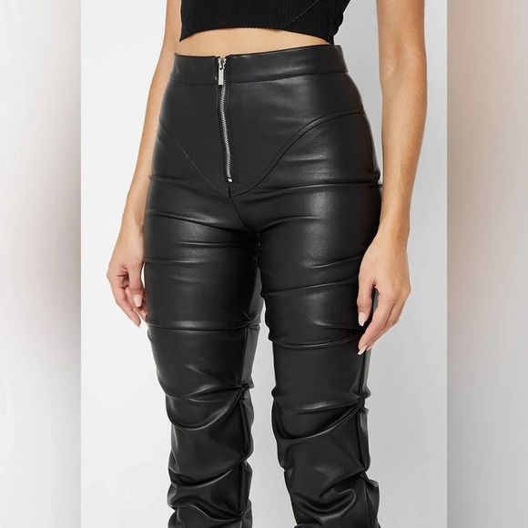 MANIERE DE VOIR - Tacked Vegan Leather Flared Trousers in Black - Picture 3 of 14